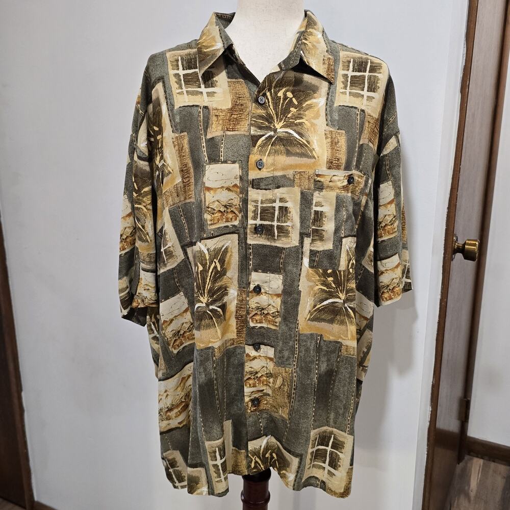 Mens Hawaiian Green Tan Neutral Button Tropical Beach Short Sleeve Shirt XXL‎ 2X